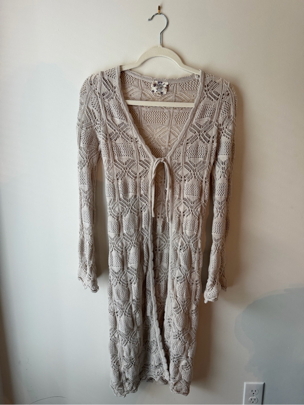 Hippie Rose Crochet Tie-Front Long Sleeve Maxi Cardigan - Cream
